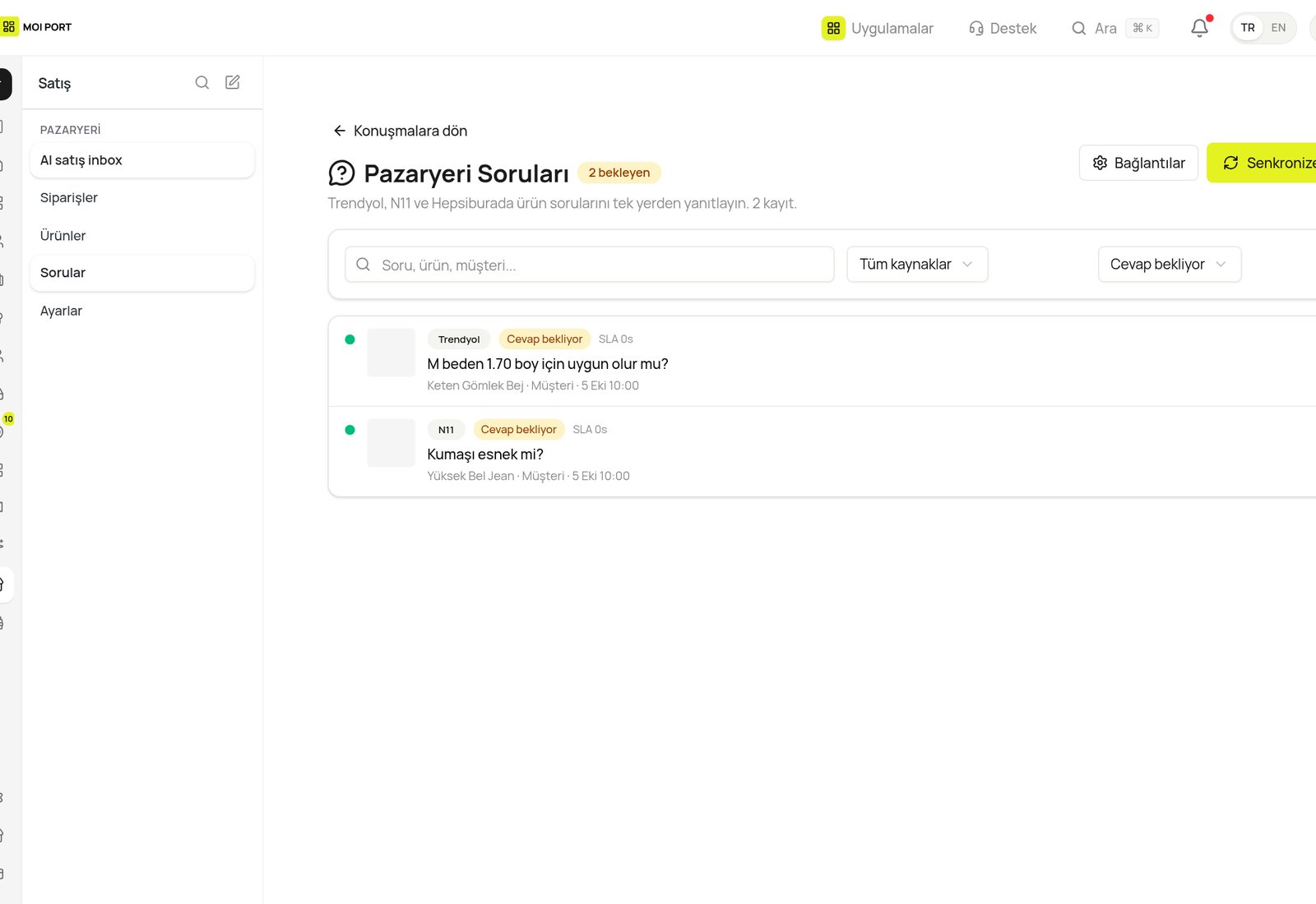 Pazaryeri soruları ekranı (demo verisi)