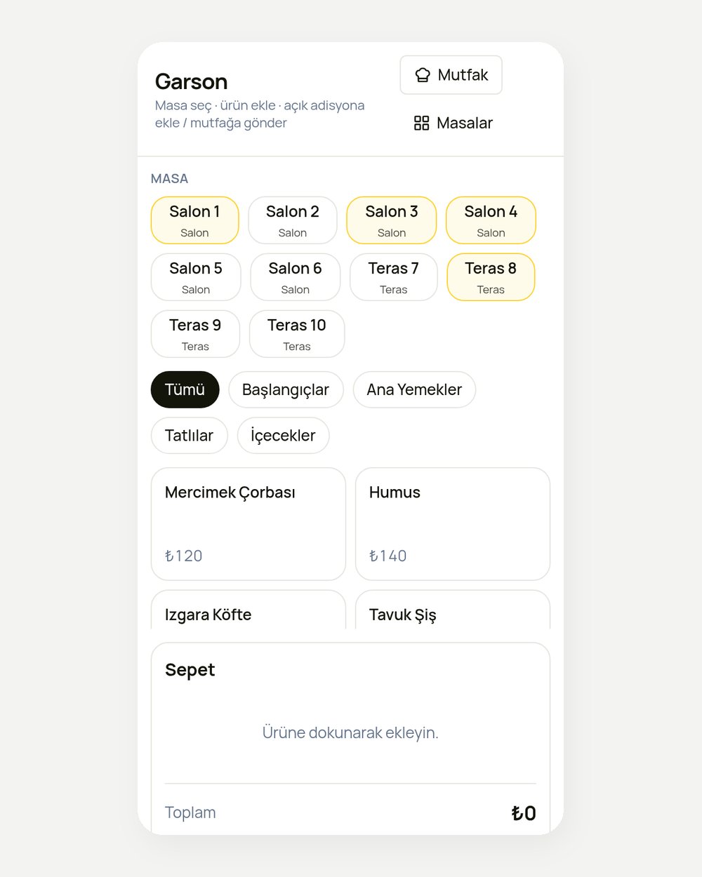 Telefonda garson ekranı (demo veri)